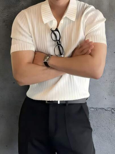 Camisa polo casual de oficina de punto acanalado y sencilla para hombre, Rayas de color sólido, adecuado para viajes de negocios, desplazamientos a la oficina y uso diario.