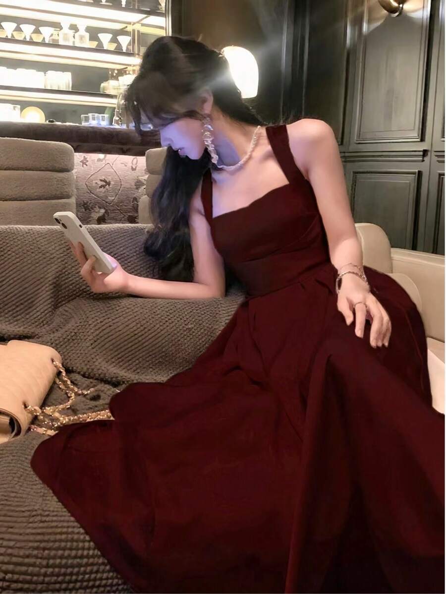 Elegant Lace Up Slim A-Line Bridesmaid Dress France Sleeveless Solid Party Graduation Midi Women Spring Summer