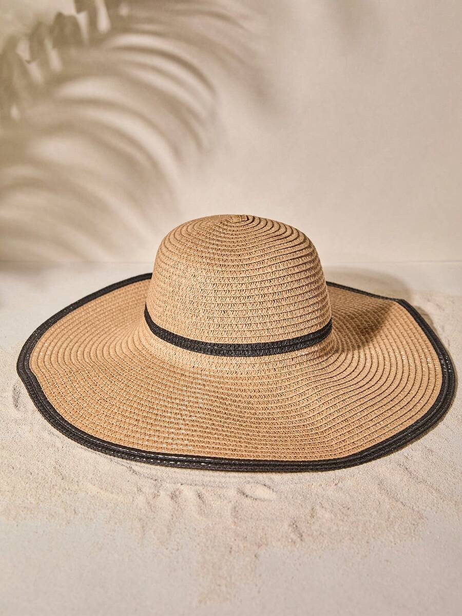 Tropiscape 1pc Straw Woven Hat + 1pc Straw Woven Bag Beach Autumn Winter Gifts - Khaki - View 1