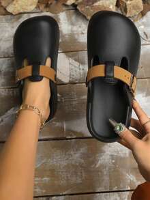 Women's Adjustable Comfortable Non-Slip Soft Bottom Contrast Color Beach/Bathroom/Street/Travel/Daily Wear Clogs Sandals/Slippers/Slippers, Flat Heel - Black - View 4