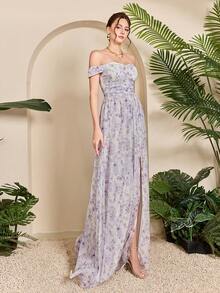 Mgiacy,New Arrival,Off Shoulder,Printed,Elegant,Bridesmaid Dress,Ruffle,Chiffon,Long Dress,FOR,Wedding Guest - Mauve Purple - View 5