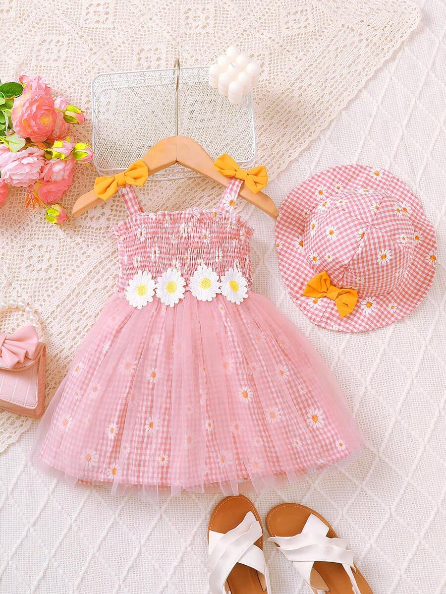 BrownBark Toddler Girls Cute Mesh Patchwork Cami Dress + Hat, Tight Top & Loose Bottom, Flower Applique, Ruffle Hem, Bow Decor, Casual Daily Outdoor Holiday Dress, Summer