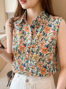 Women's Vacation Floral Print Sleeveless Button Front Casual Shirt