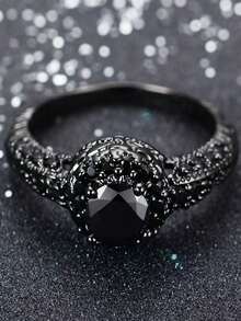 1pc Black Plated Micro-Inlaid Zirconia Stone Ring, Suitable For Daily Wear - Gun Black - View 3