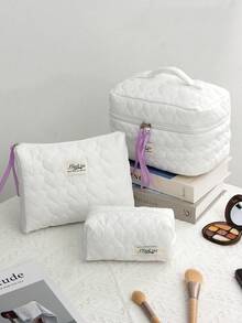 1 Piece White Heart Quilted Plaid Cosmetic Bag, Heart Pattern, Girly Heart Design, Multifunctional Cosmetic Storage Pouch Portable Cosmetic Brush Clutch Bag - Multicolor - View 18