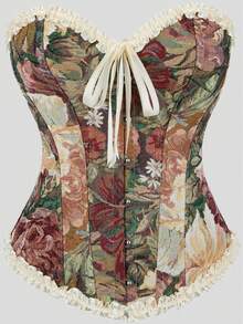 Painting Floral Print Corset Top, Vintage Medieval Style Shaping Bodice With Back Lace-Up And Front Clasp - Multicolor - View 1