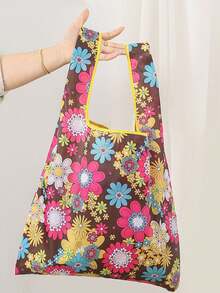1pc Floral Print Tote Bag, Reusable Grocery Shopping Bag, Large Capacity, Multipurpose, Sturdy And Durable - Multicolor - View 8