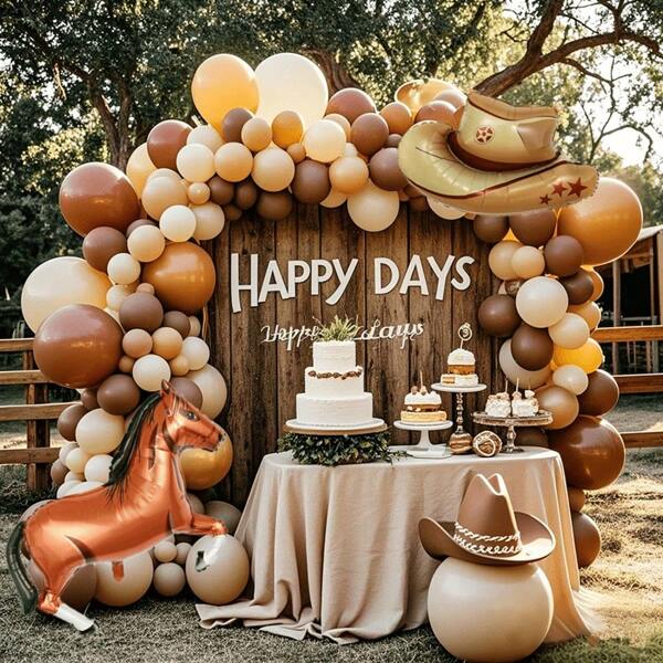 142pcs/125pcs/132pcs/121pcs Farm Party Balloon Arch Kit, Brown Latex Balloon, Includes 12 Inch Cow Pattern Latex Balloon, Cowboy Hat, Black Steed Aluminum Foil Balloon, Suitable For Birthday, Singles' Party, Father's Day, Cocktail Party