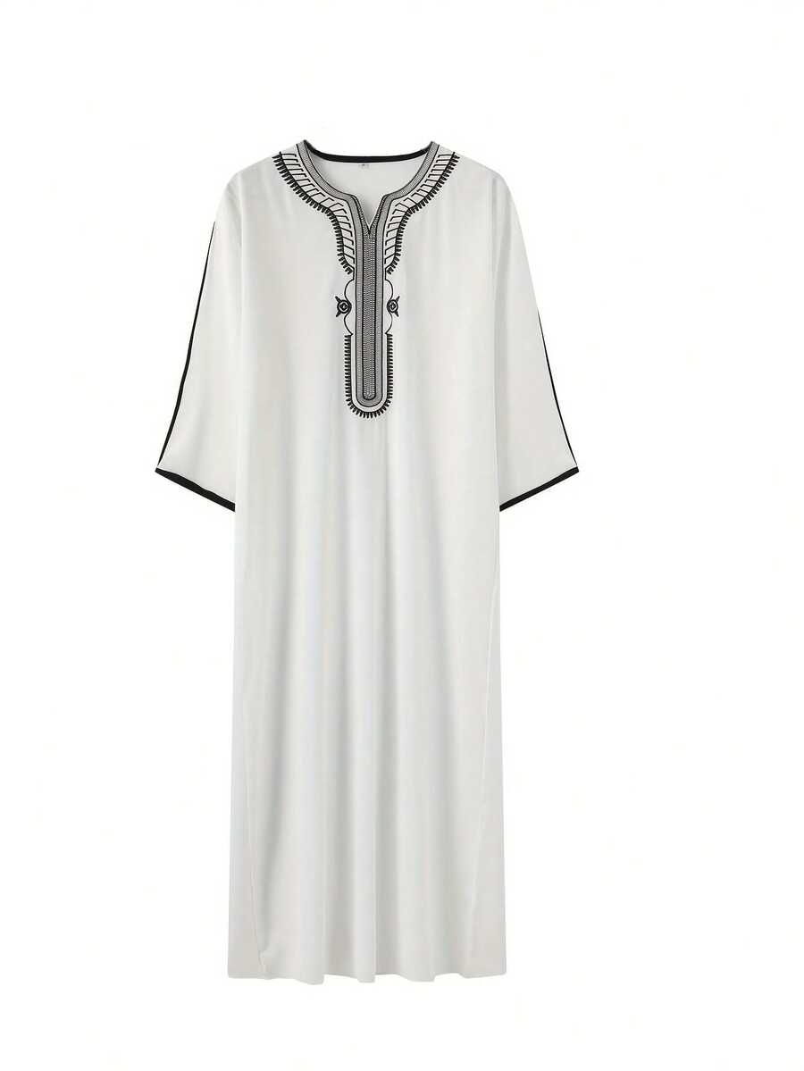 Embroidered Notched Neck Two-Tone Long Sleeve Arabic Thobe For Men - White - View 1