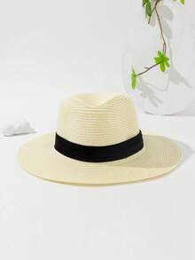 1pc Women's Summer Straw Panama Hat, Wide Brim Sun Protection Vacation Beach Cap, Suitable For Evening Party, Outdoor Sun Shading - Solid Color - View 15