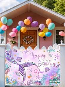 1pc Customizable Name Personalized Underwater Park Birthday Party Backdrop, Purple Mermaid Tail Polyester Banner, No Electricity Required, Indoor And Outdoor Decor, Mermaid Themed Celebration, Photo Booth Photography Backdrops, Home Decor, , Three Sizes Available