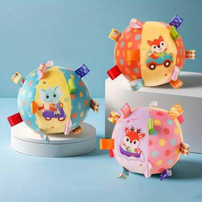 1 peça de bola de pelúcia para bebês com sino - poliéster macio, cores misturadas - brinquedo sensorial de pelúcia macio para educação infantil, bola de fita para bebês, crianças pequenas, presente de aniversário ideal