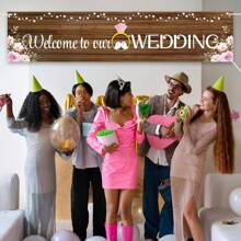 1pc Rustic Wooden Welcome To Our Wedding Banner, Polyester, Indoor & Outdoor Decor, Multi-Purpose, Festive Garden & Lawn Decoration, No Power Needed Party Banner