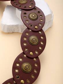 1 pieza Cinturón de mujer de tono bronce y marrón con hebilla ovalada, accesorio de moda estilo bohemio apto para uso diario, escuela y verano