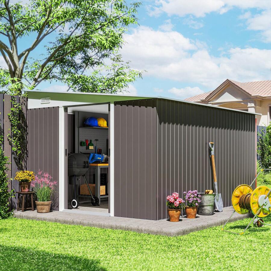 Nhà kho ngoài trời Outsunny có mái dốc, cửa trượt và lỗ thông gió, bằng tôn, 345x280,5x169-201cm - Xám - Xem 1