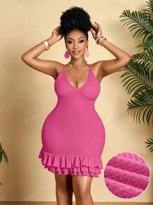 BIUBIU Vestido holgado de mujer talla grande talla en unicolor, sexy, con cuello halter y escote bajo, ajustado a la cadera, un básico para los viajes a Hawái, apropiado para citas de vacaciones