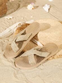 女士塑料拖鞋，亚麻编织外观，平底，交叉绑带，休闲，日常，沙滩人字拖，女士拖鞋 - 杏色1 - 查看 4