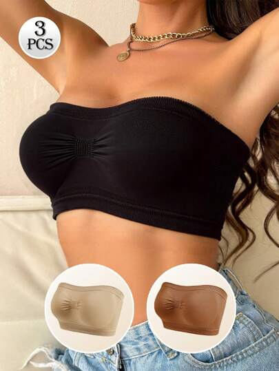 3pcs Seamless Tube Tops For Women In Black, Skin Tone, Orange, Strapless Bras, Outdoor Sports, Lightweight Breathable Quick-Dry, Suitable For Dresses, Yoga, Travel, All Seasons