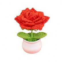 1pc Handmade Crochet Woolen Rose Flower, Artificial Potted Plant Decor, Everlasting Flower Desktop Ornament, Valentine's Gift For Women, Creative Scandinavian Handmade Flower, Mother's Day Handcraft Present, Car And Office Decoration