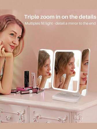 LED 三折化妆镜，带 3X/2X 放大倍数 - 触摸、70 个 LED、可调亮度、USB/电池供电、底部托盘存储、可折叠三折设计，适合旅行和家庭使用 - 圣诞节、情人节、母亲节感恩节、毕业季礼物的理想女士礼物