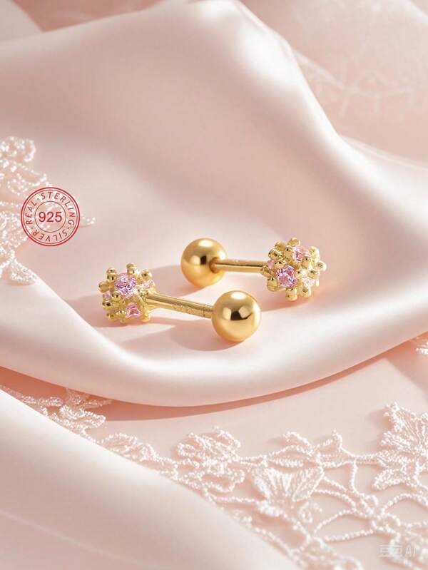 Artepollo 1 par de aretes tipo botón de flor de plata esterlina 925 hipoalergénicos, incrustados con circonita rosa, con respaldos en espiral para evitar que se caigan, delicados y lindos, empaquetados en caja de regalo. Regalo para niños, niñas jóvenes, cumpleaños de amigos