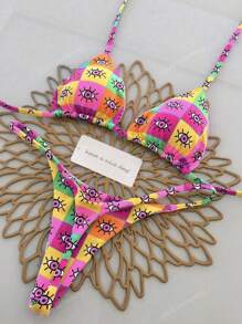 2 piezas Traje de baño de bikini con estampado de cuadros sencillos, con cuello halter, lazada ajustable en la espalda y cintura, para el verano