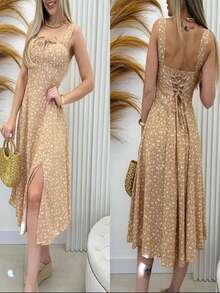 Women's Floral Midi Dress With Front Tie Fashion 2025 - 米色 - 查看 3