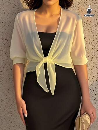 大码雪纺开衫系带前结衬衫女式夏季度假罩衫透明休闲衬衫纯色