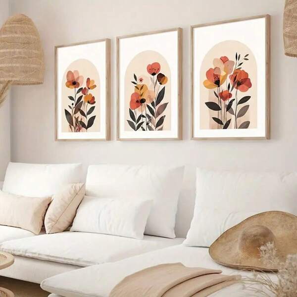 1/3pcs Beige Boho Abstract Flowers Print, Minimalist Modern Wall Arts, Floral Art Canvas Posters Optional Frame, Mid Century Terracotta Botanical Fall Wall Decor, Artwork For Bedroom, Living Room, Corrider, Wall Art, Wall Decor, Home And Room Decoration ,Wall Art With Frame