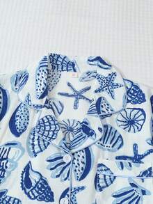 2pcs Set: Comfortable Starfish, Shell, Conch Print Lapel Button Short Sleeve Top With Pockets And Bow Shorts Pajama Set, Ladies Sleepwear & Home Wear For Spring/Summer Use, Cool Light Blue - 藍色 - 查看 3