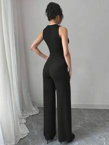 Tuta elegante estiva da donna, di colore tinta unita, senza maniche, con chiusura con chiusura lampo e bottoni, tuta casual larga, adatta per l'uso quotidiano