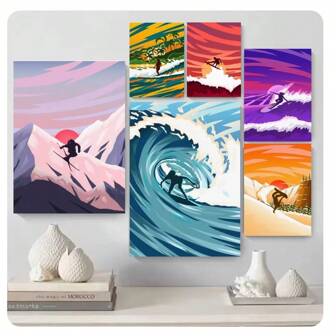 1 pieza Pintura retro de arte de pared deportivo colorido con diseño de ola de surf minimalista nórdico moderno sin marco, adecuada para decoración de paredes en sala de estar, dormitorio, dormitorio, estudio, bar, club, cafetería