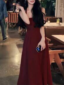 Elegant Lace Up Slim A-Line Bridesmaid Dress France Sleeveless Solid Party Graduation Midi Women Spring Summer