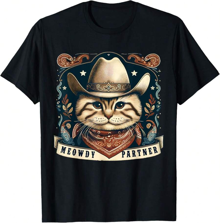 1 Pack Men's T-Shirt Gato compañero Meowdy Sombrero de vaquero Divertido compañero occidental Hola Camiseta de hombre - Negro - Ver 1