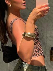 女式豹纹印花褶饰前部不对称下摆背心，春夏