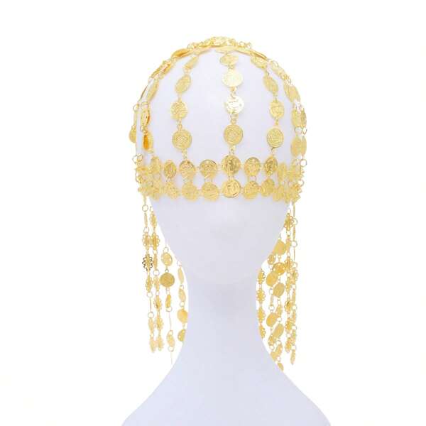 1 pièce Nouveau accessoire de danse de coiffe de pièce de monnaie du Moyen-Orient arabe, serre-tête à long franges exagéré pour femmes, couleur or