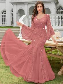 MIUSOL 深 V 领亮片花卉蕾丝撞色网眼喇叭袖美人鱼正式派对礼服婚礼宾客礼服晚礼服