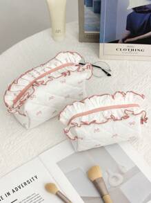 1 Piece Pink Quilted Plaid Cosmetic Bag With Cute Cherry Pattern, Girly Heart Design, Multifunctional Cosmetic Storage Pouch Portable Cosmetic Brush Clutch Bag With Zipper Closure, Ready Lipstick, Brush, Skincare Products, Storage Box, Jewelry Storage Box