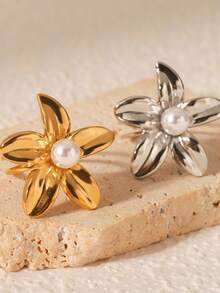 1 件女士不锈钢花朵珍珠开口戒指，时尚优雅简约奢华不褪色戒指配饰 - 戒指 - 查看 1