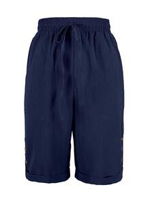 Women's Loose Fit Button Pockets Casual Knee-Length Shorts - Navy Blue - View 2