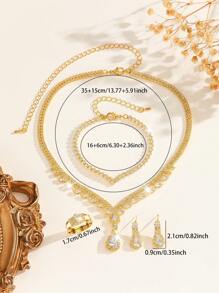 1 Set personalisierter, modischer, einfacher Schmuck aus Kupfermaterial mit blanken Strass-Steinen, 5 Stücke/Set - 1 Halskette, 1 Ring, 1 Armband, 1 Paar Ohrringe