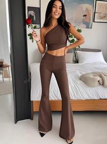 Spring And Summer Women's Sexy Vest Top, Slim Fit Flared Pants Two Pieces Set, Suitable For Daily Wear.