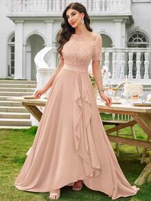 MIUSOL 船领花卉蕾丝撞色雪纺荷叶边下摆晚宴派对婚礼宾客长裙