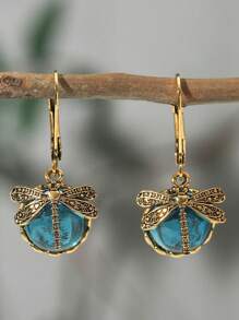 1 Pair Vintage Dragonfly Green Crystal Pendant Earrings, Charming Jewelry For Boho Party Women