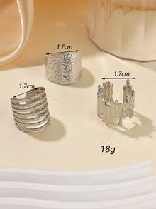 3pcs Stainless Steel Gold Tone Multi-Layer Dotted Rings Set, Exaggerated Fashion Design For Women, Suitable For Daily Wear Or Gift - Silver - View 3