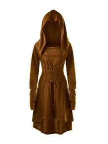 Traje renacentista para mujer, túnica con capucha y cordones, suéter vintage, vestido con capucha largo y alto bajo