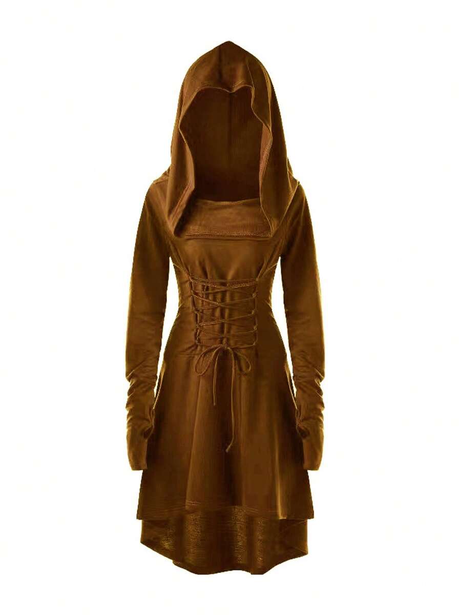 Traje renacentista para mujer, túnica con capucha y cordones, suéter vintage, vestido con capucha largo y alto bajo