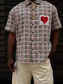 Men's Checker Pattern Heart Pocket Short Sleeve Button-Down Shirt, Summer - Multicolor - View 3