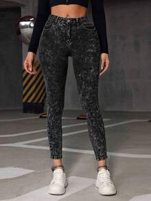 Jeans Deslavados Mezclilla para Mujer, pantalones pitillo mujer, vaqueros negros básicos cómodos,Mezclilla Deslavada para un Estilo Único - Negro y gris - Ver 1