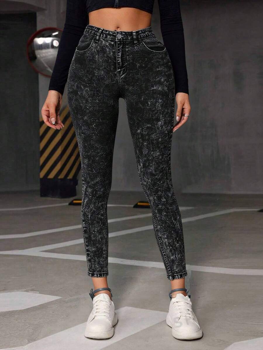 Jeans Deslavados Mezclilla para Mujer, pantalones pitillo mujer, vaqueros negros básicos cómodos,Mezclilla Deslavada para un Estilo Único - Negro y gris - Ver 1